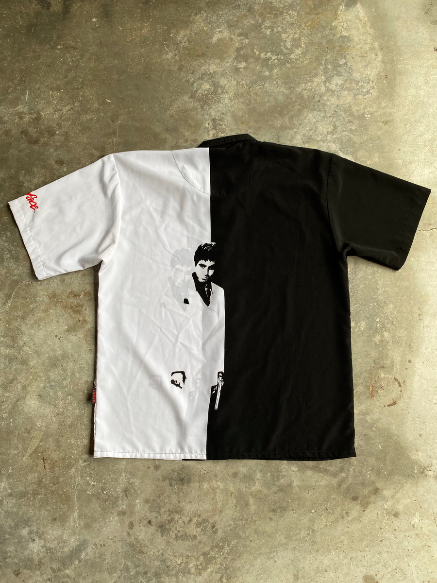 scarface dress shirt Al Pacino in Scarface: Tony Montana's Red Tiger-Print Shirt BAMF Style