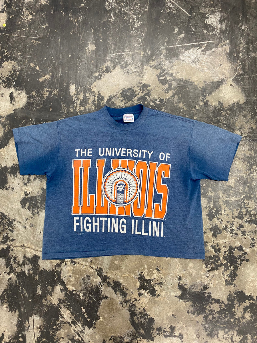 Vintage 90s The University of Illinois Fighting Illini Cropped T-Shirt Size Medium