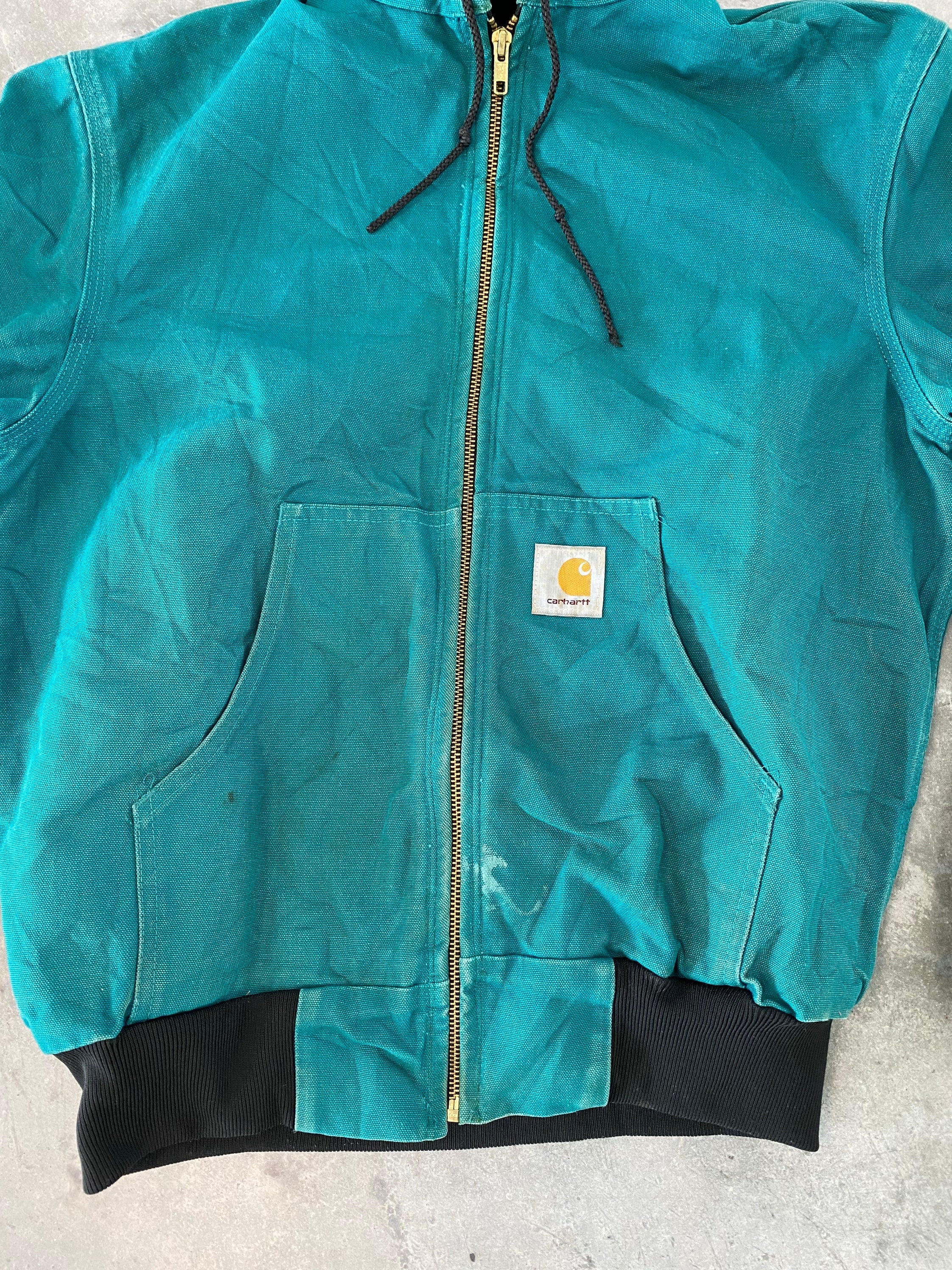 Vintage Hooded Carhartt Jacket Teal Quilted Lining Large Needs Zipper Repair  Union Made 